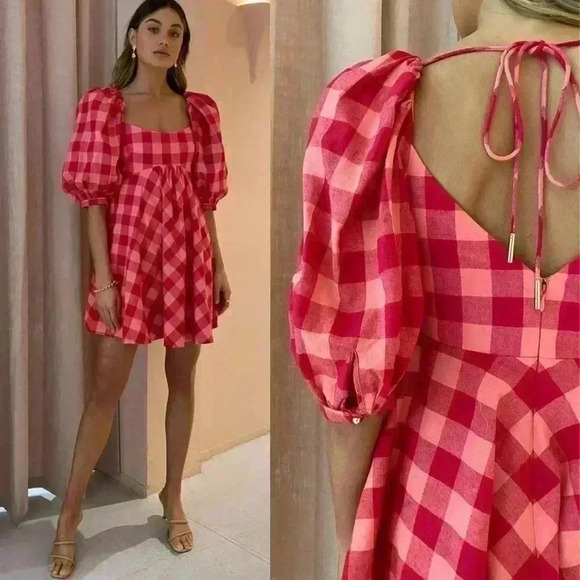Acler Pink and Red Gingham Puff-Sleeve Mini Dress - Picture 4 of 14